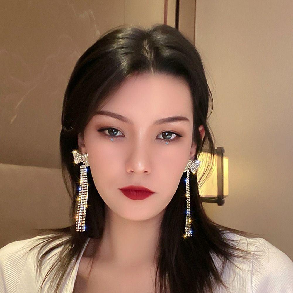 Mxbeauty Wanita Drop Anting Elegan Pesona Indah Panjang Rumbai Gadis Hadiah Busur-Simpul Berlian Imitasi Temperamen Gaya Korea Menjuntai Anting-Anting