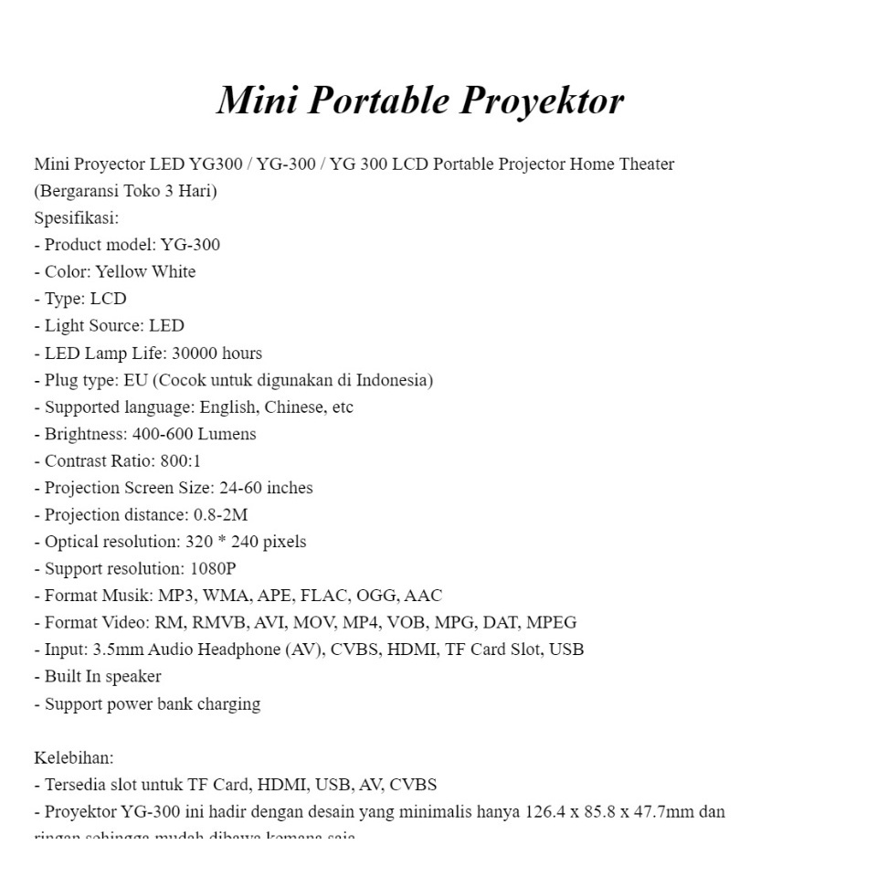 Original] Mini Proyektor YG300 Proyektor LED 1080 P Portabel Mini Projector Bioskop Bioskop Rumah Terbuka dengan PC Laptop USB/SD/AV/HDMI Pocket Input untuk TV Video Game Film Party /Mini Proyektor LED YG300 / YG-300 / YG 300 LCD Portable Projector Home