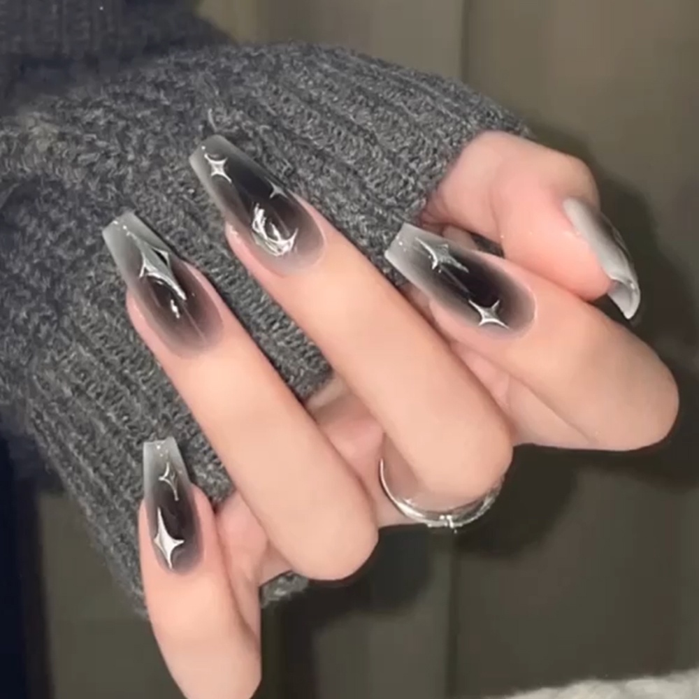24pcs/box Blusher Memakai Nail Art Dark Spice Ins Style Nail Y2k Gradient Black Fake Long Nail Reusable Adhesive Press Set Nails Aksesoris Kuku Produk Perawatan Kuku Untuk Wanita
