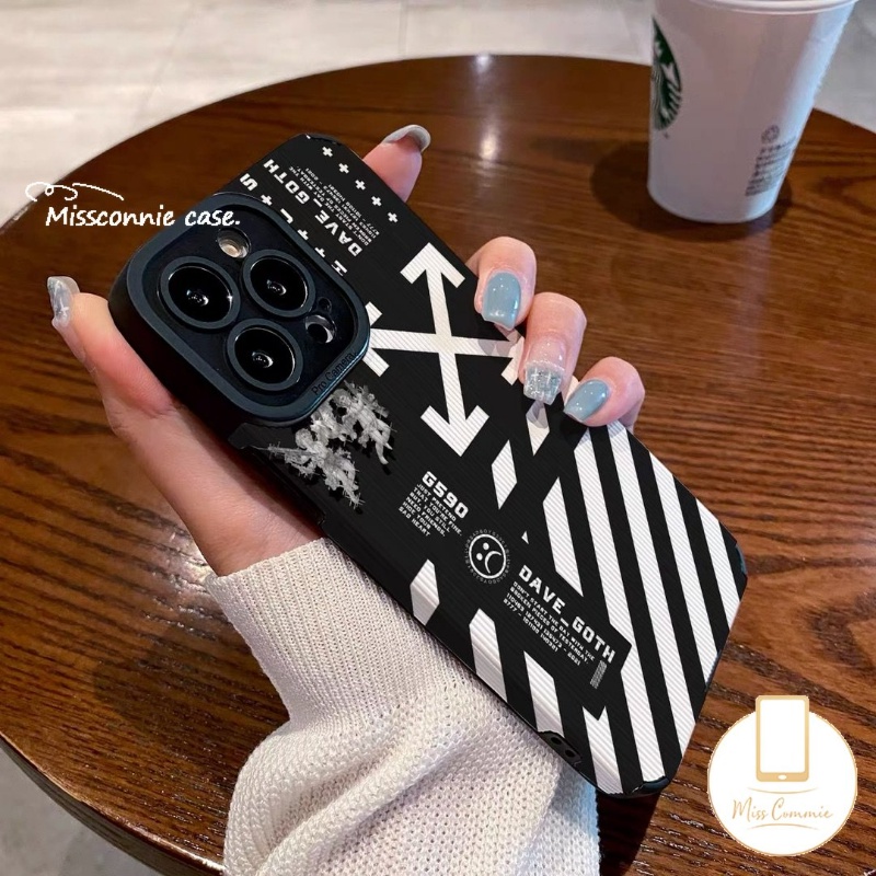 Case Stiker Kulit Tekstur Mewah Kompatibel Untuk IPhone 7Plus 11 13 14 12 Pro MAX XR X XS Max7 8 Plus Trendi Merek O.F.F-W.h.i.t.e Stripe Soft Silicon Cover