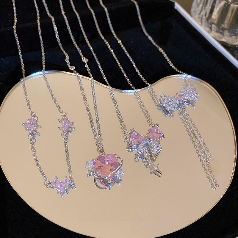Kalung Zirkon Liontin Love Bunga Pink Mewah Kalung Perak Wanita