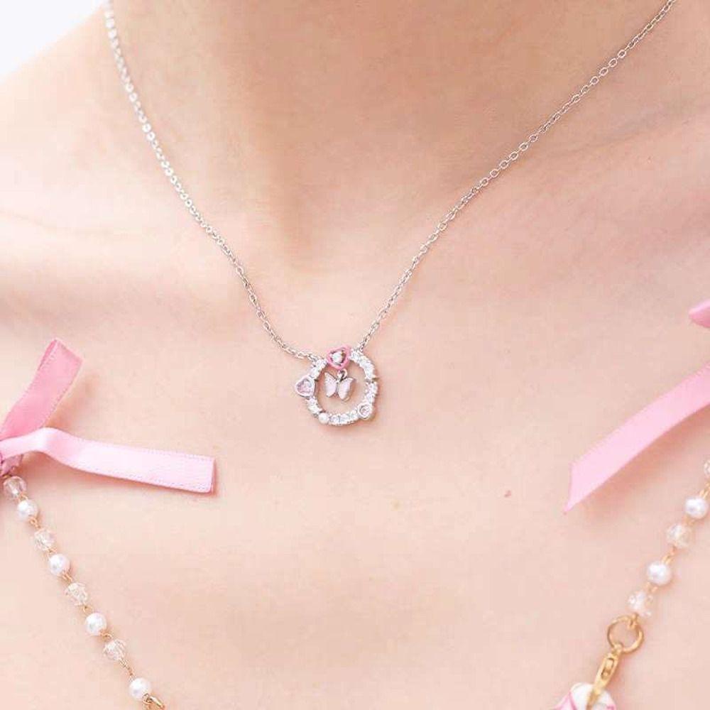 Mxbeauty Y2K Wanita Kalung Aesthetic Pesona Halus Klavikula Rantai Kupu-Kupu Berlian Imitasi Alloy Pink Hati Gadis Choker