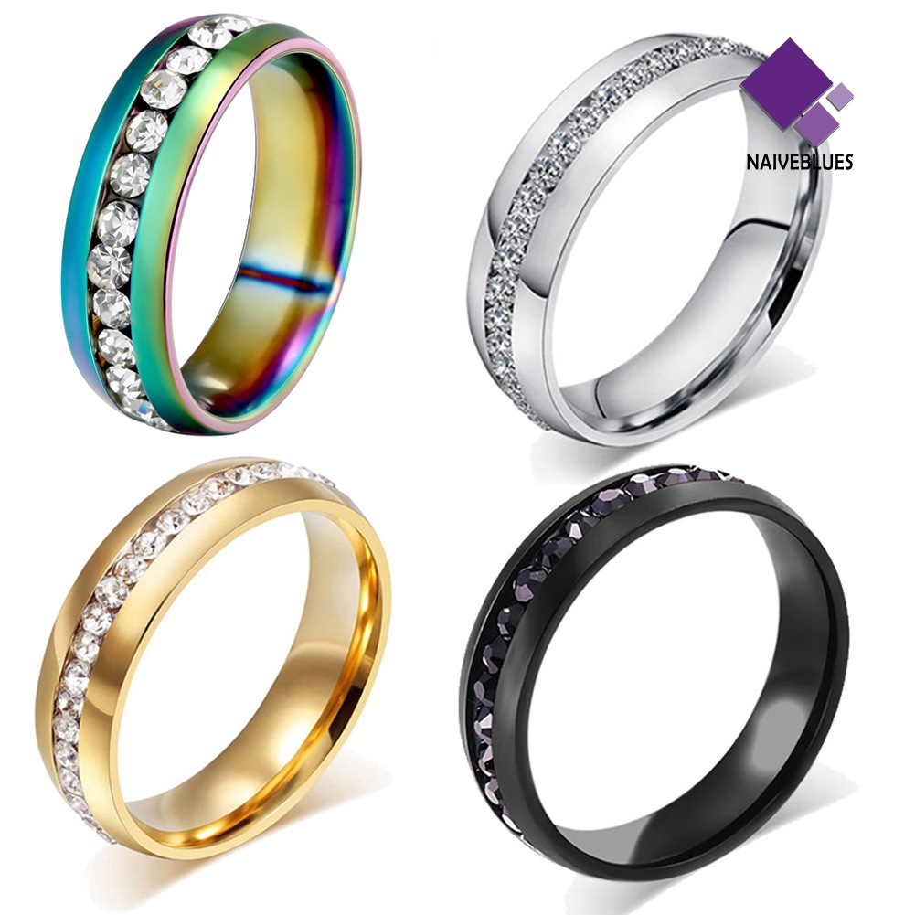 &lt; Naiveblues &gt; Ukuran45090 Unisex Berlian Imitasi Baja Titanium Pertunangan Pernikahan Band Ring