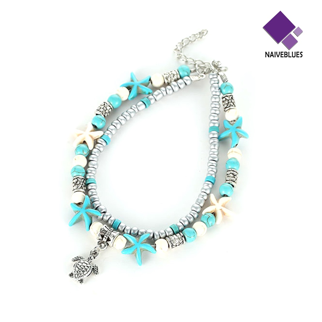 &lt; Naiveblues &gt; Bintang Laut Double Layer Wanita Gelang Kaki Alloy Bohemia Beads Adjustable Chain Hawaii