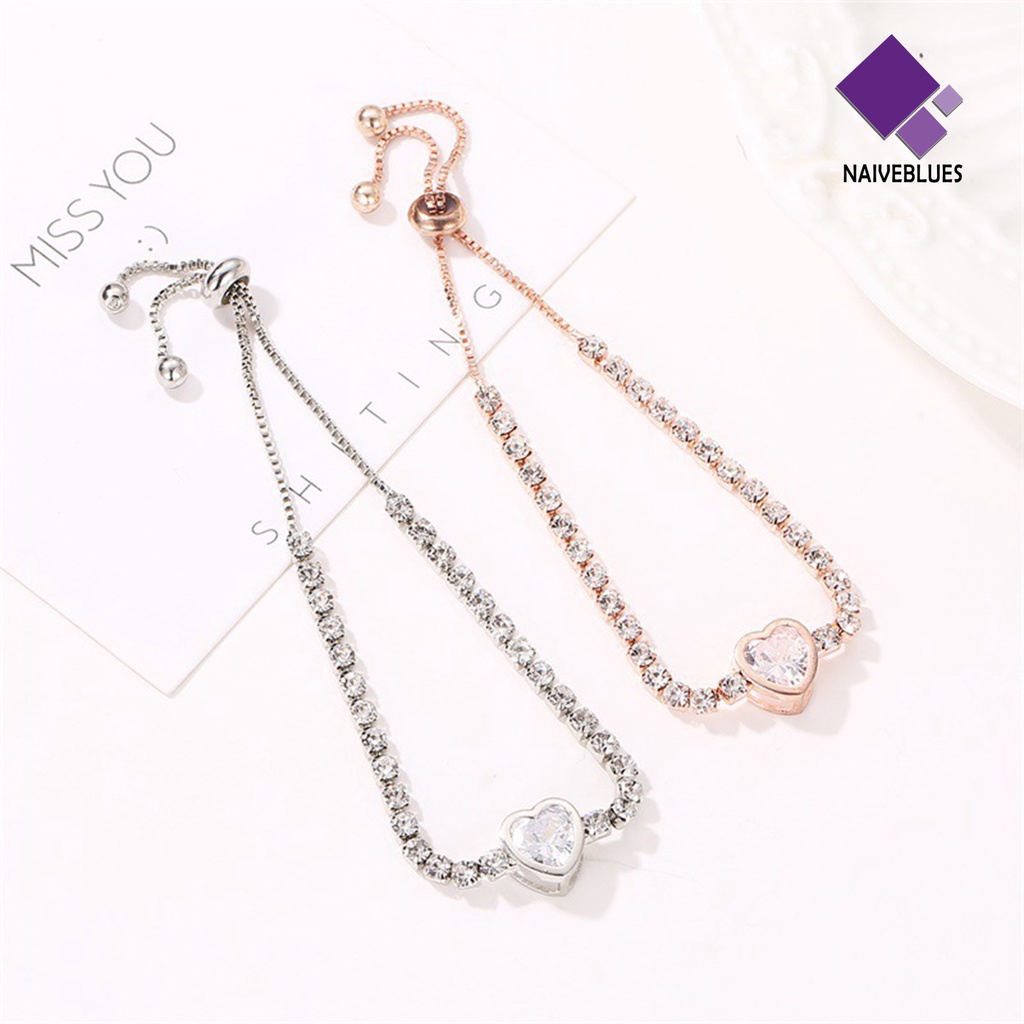 &lt; Naiveblues &gt; Gelang Tangan Wanita Hati Cubic Zirconia Perhiasan Bersinar Gaya Korea Untuk Pesta