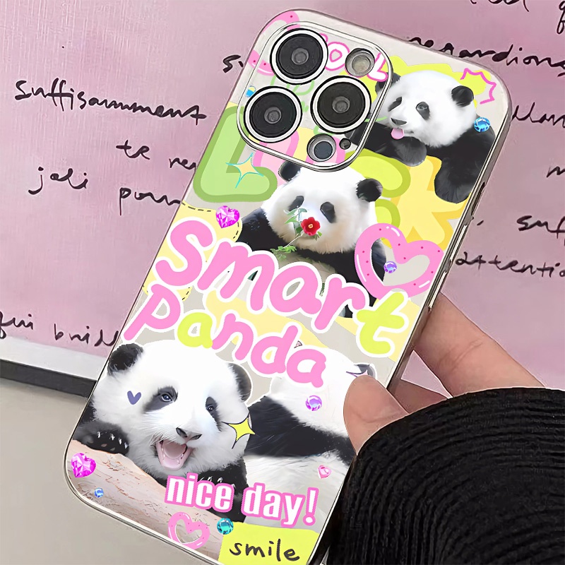 IPHONE Soft Electroplate Case Kompatibel Untuk Iphone14 13 12 11 Pro XS Max Panda Lucu Kupon Casing XR X8 +7 6S Plus Mini TPU Silikon Shockproof Phone Cover