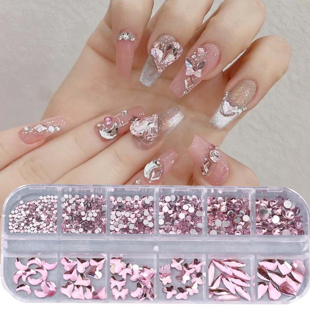AUGUSTINA Agustina Aurora Kuku Berlian Imitasi Wanita 12grid Ukuran Campur Warna Champagne Irregular Drills 3D Nail Art Drills