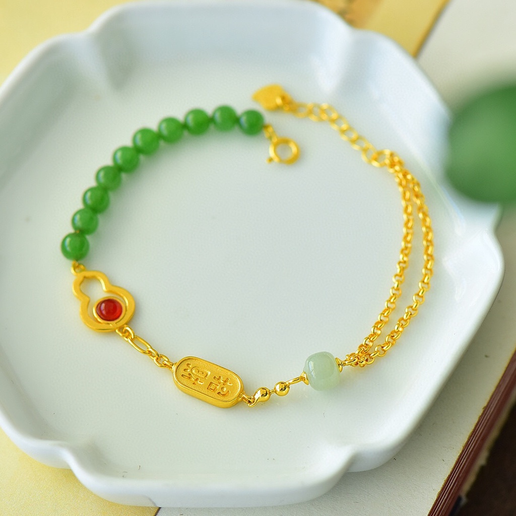 Goldkingdom Fashion Perhiasan Aksesoris Ready Stock Alami Hetian Jasper Gelang Wanita Apel Hijau Bulat Manik-Manik Berlapis Emas Giok Labu Baru Cina Kalsedon Gelang