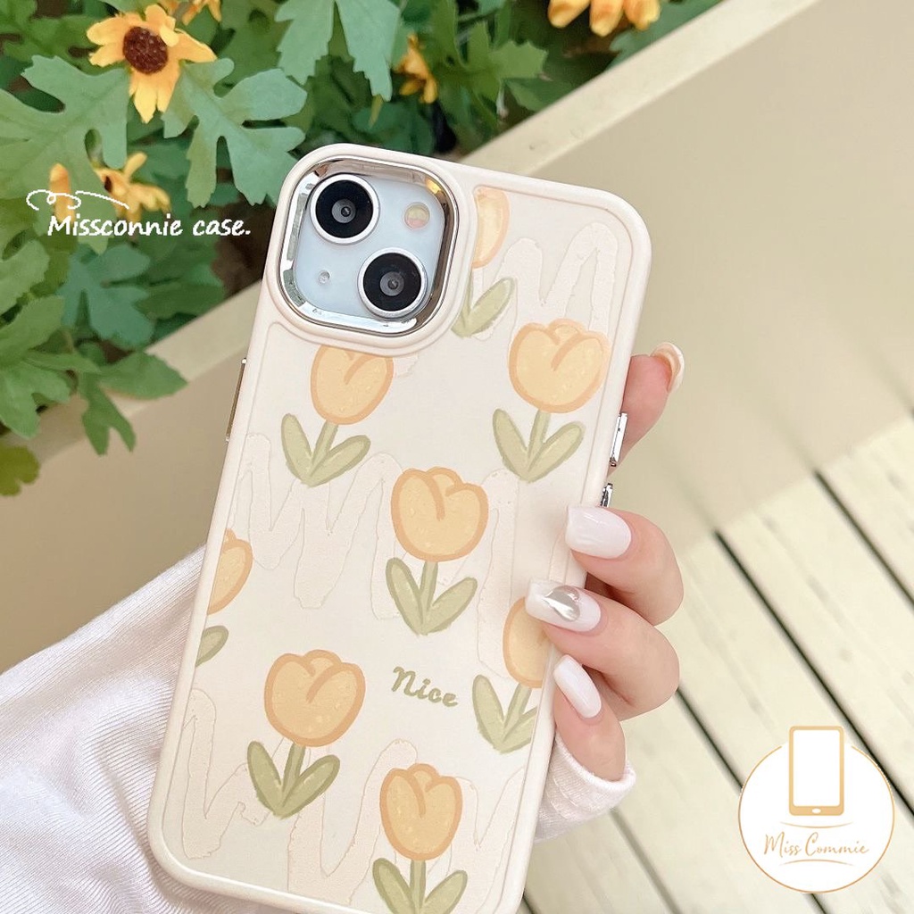 IPHONE Casing Ponsel Bingkai Lensa Logam Electroplate Kompatibel Untuk Iphone11 Pro MAX XR 7plus 14 12 13 Pro MAX X7 8 Plus XS MAX Bunga Tulip Segar Shockproof Lembut TPU Penutup Belakang