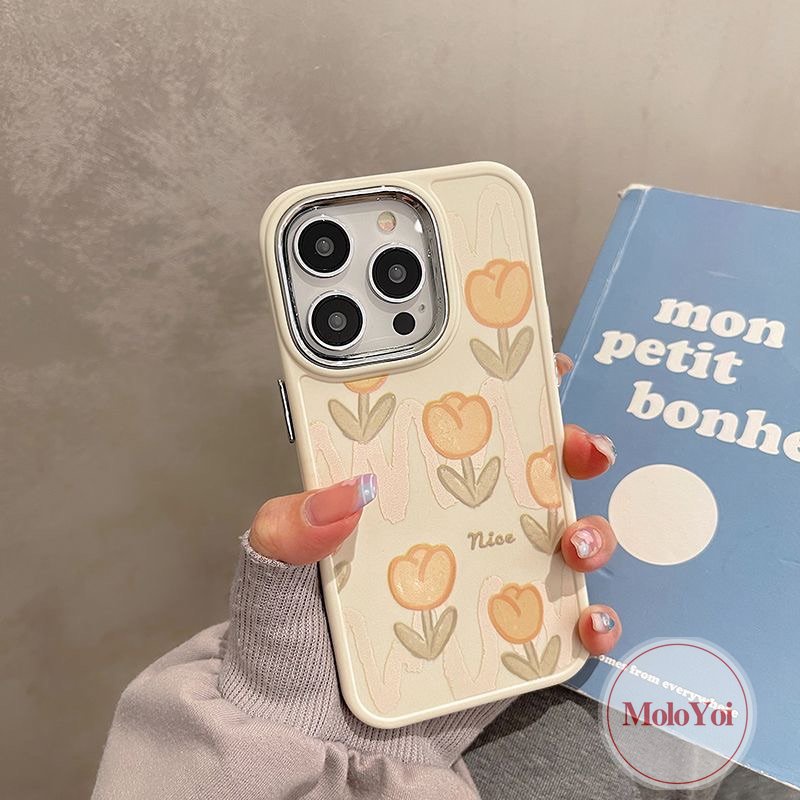 IPHONE Luxury Plating Electroplate Fresh Tulip Flower Phone Case Kompatibel Untuk Iphone11 14 12 13 Pro MAX 7plus 8plus XR X7 8 Plus XS MAX Frame Lensa Metal Shockproof Soft Cover