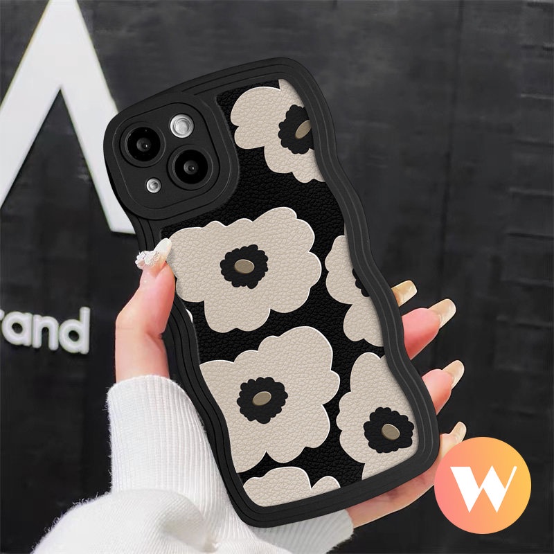 Casing Bunga Kotak-Kotak Retro Kompatibel Untuk iPhone XR X XS Max 7Plus 11 14 12 13 Pro Max 14 Plus 6s 7 8 6 Plus SE 2020 Vintage Hitam Bergelombang Tepi Telepon Lembut Tpu Penutup Belakang