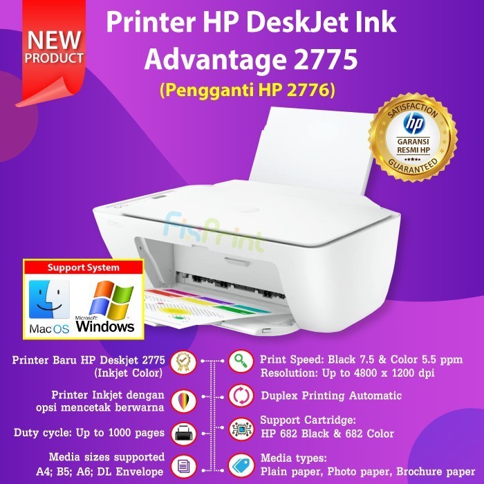 HP Printer Wireless Bluetooth 2775 All-In-One Print Scan Copy