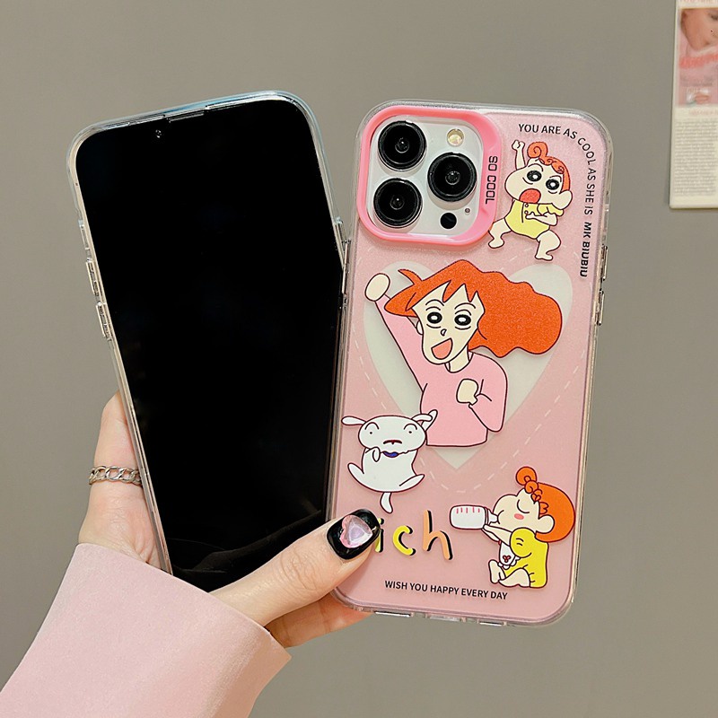 Happy Crayon Shin-chan Family Photo Skin Feel Soft Case HP iP iPhone 12 13 14 Pro Max 11 So Cool FTD Casing Apple