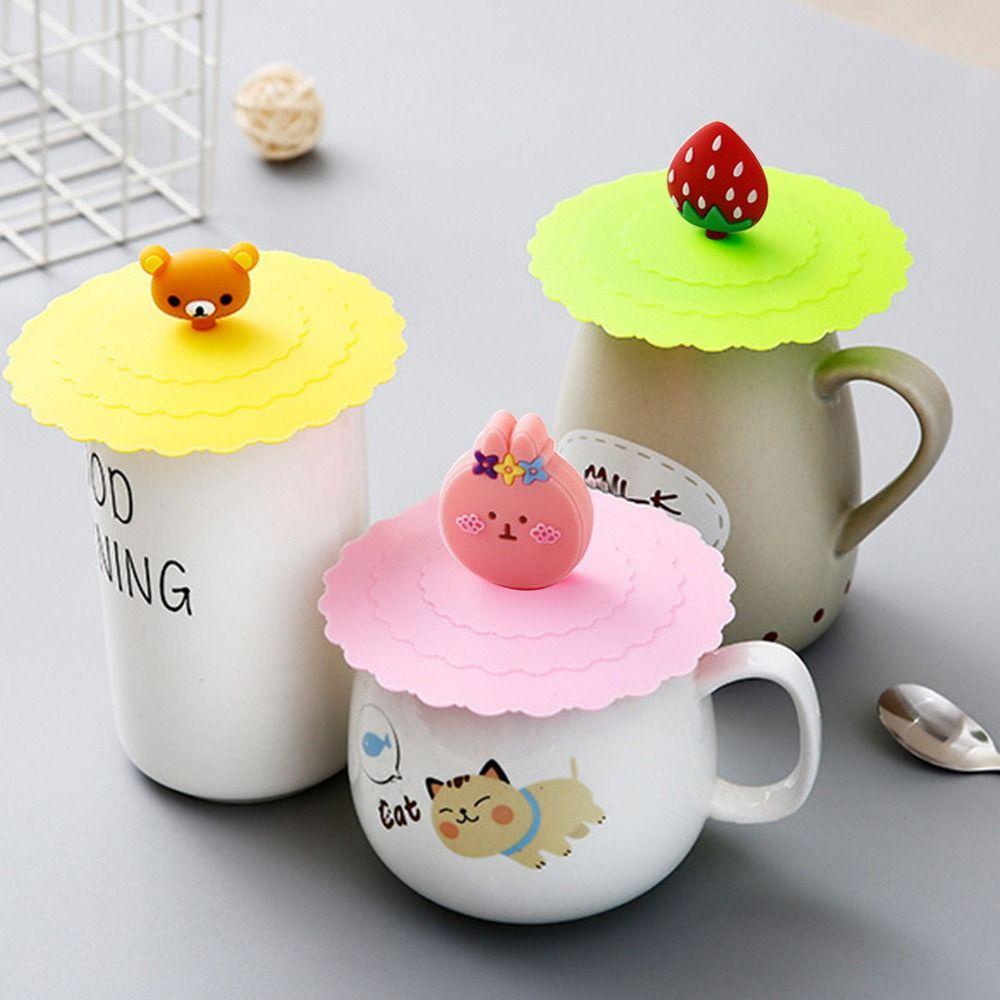 TOP 3pcs Penutup Gelas Silikon Lucu Tahan Panas Kartun Anti Bocor Lid Cup