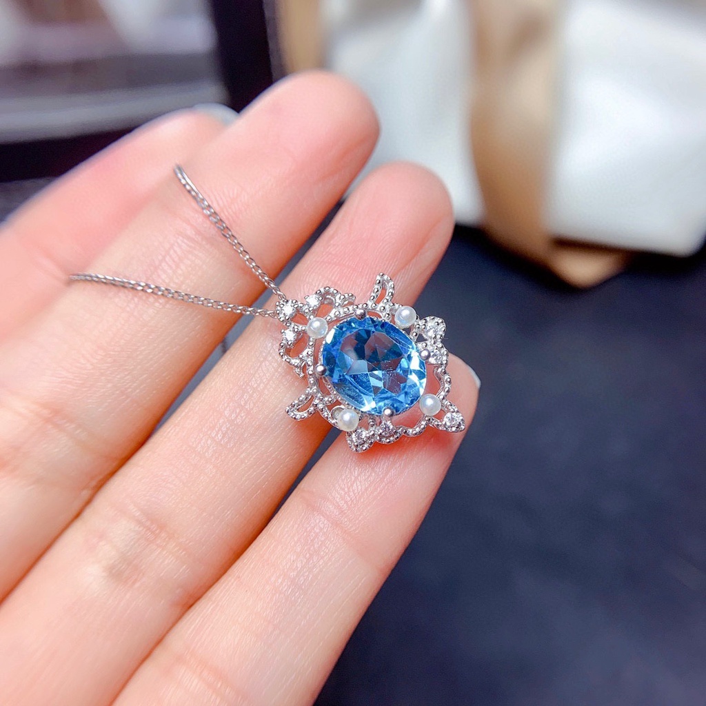 Goldkingdom Aksesoris Perhiasan Fashion Ready Stock Natural Swiss Blue Topaz Pendant Kalung Mutiara Elegan