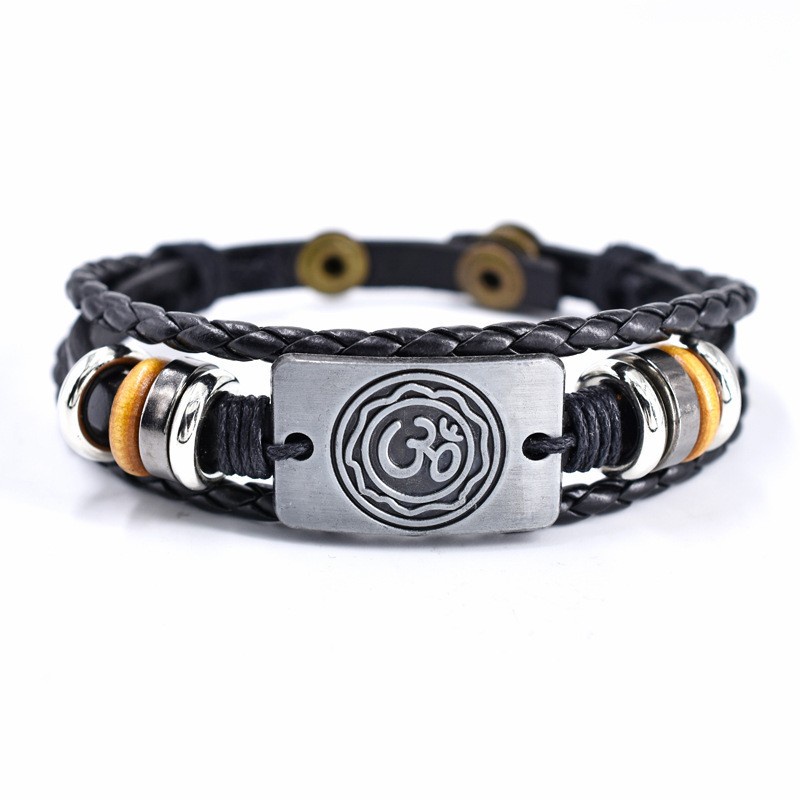 Z H Perhiasan Vintage Hindu AUM Kulit Asli Gelang Pria Dan Wanita Fashion Anti Karat Multilayer Manik-Manik PU Gesper Gelang Punk Pesta Rock Perhiasan Aksesoris