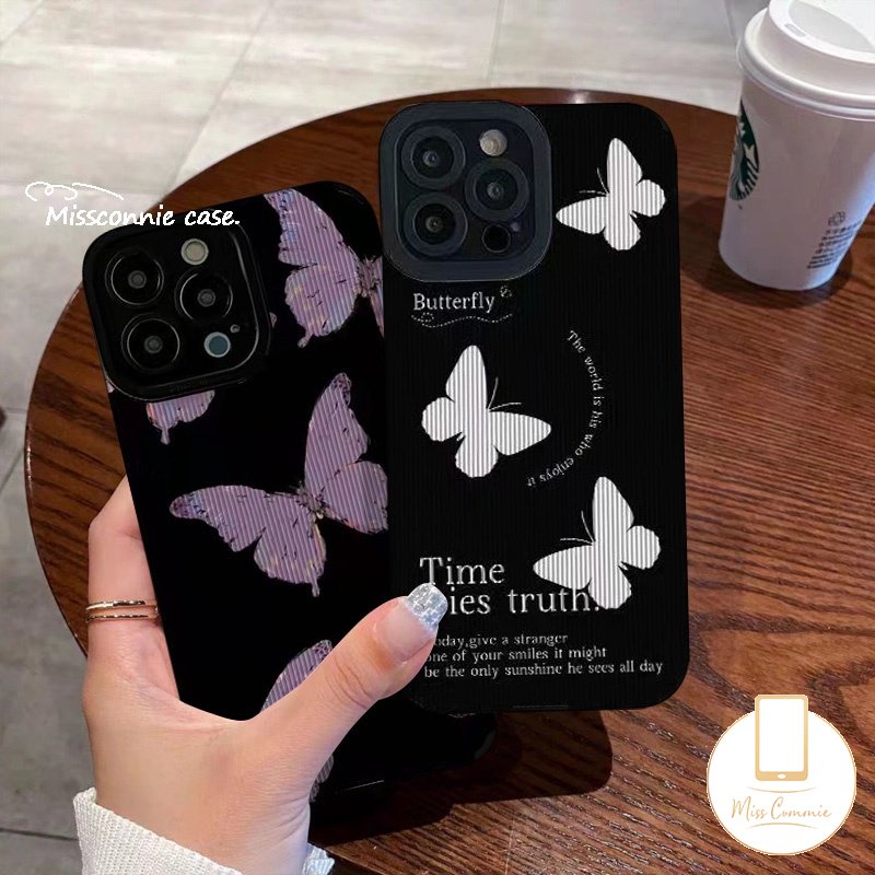 IPHONE Casing Tekstur Kulit Mewah Kompatibel Untuk Iphone11 14 13 12 Pro MAX 7Plus XR X 7 8 Plus XS MAX Shockproof Lembut Tpu Silicon Retro Fantasi Butterfly Cover