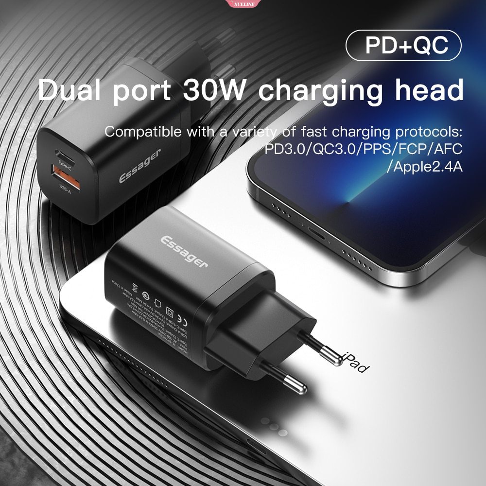 IPHONE Essager USB Type C Fast Charger 30W QC PD 3.0 Dual Port Adaptor Mini Portable Untuk Iphone14 13 12 IPad Xiaomi Fast Wall Chargers [WOW]