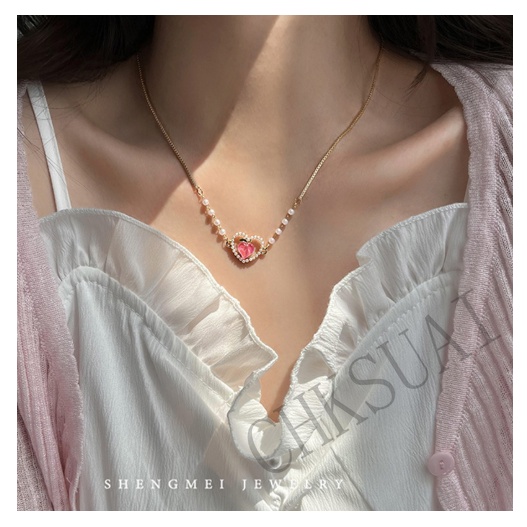 Core Rantai Bentuk Hati model Hollow Warna pink peach Untuk Wanita