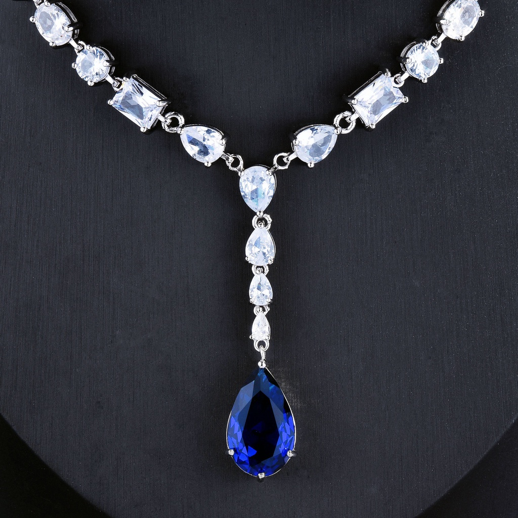 Goldkingdom Aksesoris Perhiasan Fashion Ready Stock Azure Bintang Royal Sapphire Berbentuk Pir Kalung Dengan Berlian Briliant Rakitan Set Rantai