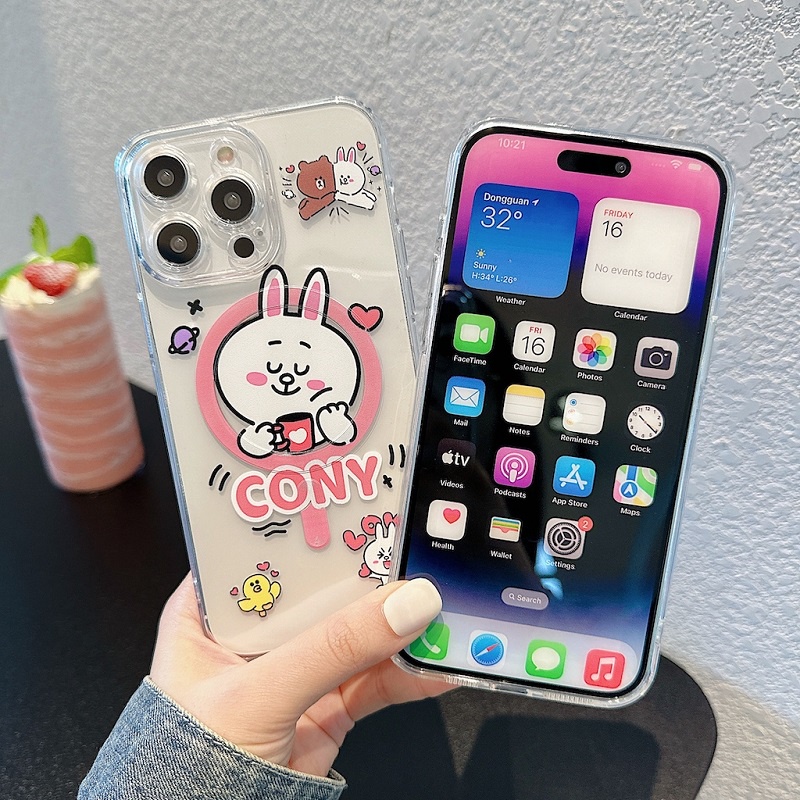 Untuk iPhone Case14 13 12 11 Pro Max Transparan Perlindungan Hisap Magnetik soft Case Kartun Beruang Kelinci Lucu