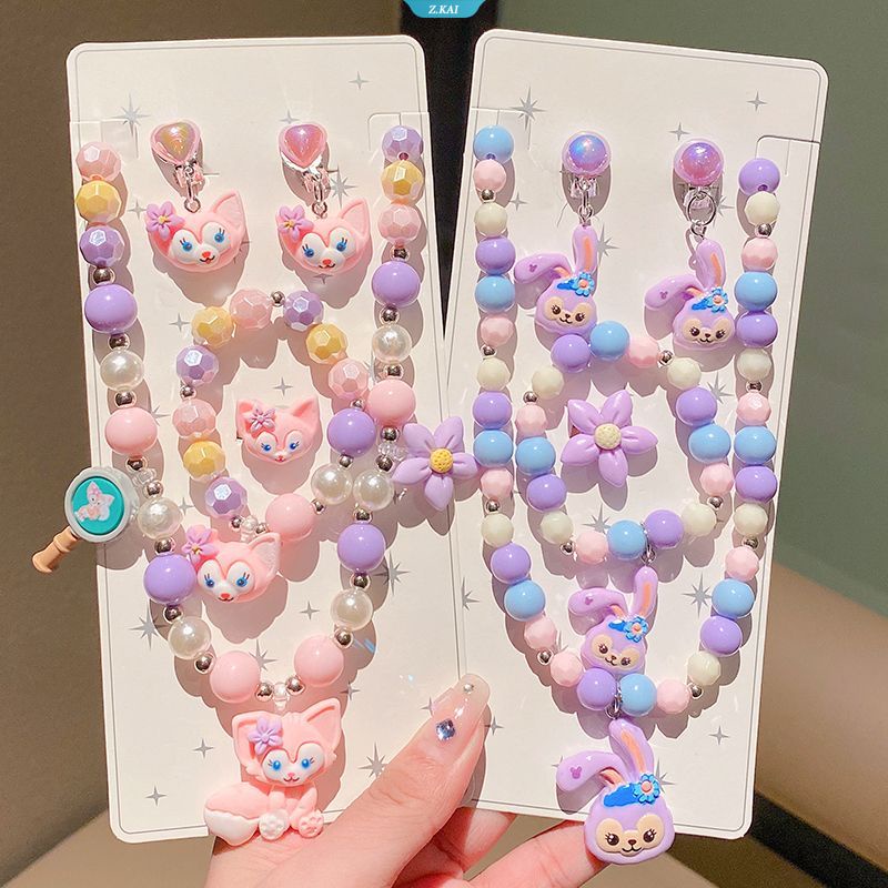 Stellalou LinaBell Candy Beads Resin Plastik Anak Set Perhiasan Untuk Anak Liontin Bunga Lucu Kalung Gelang Cincin Anting Bayi Jewelry [ZK]