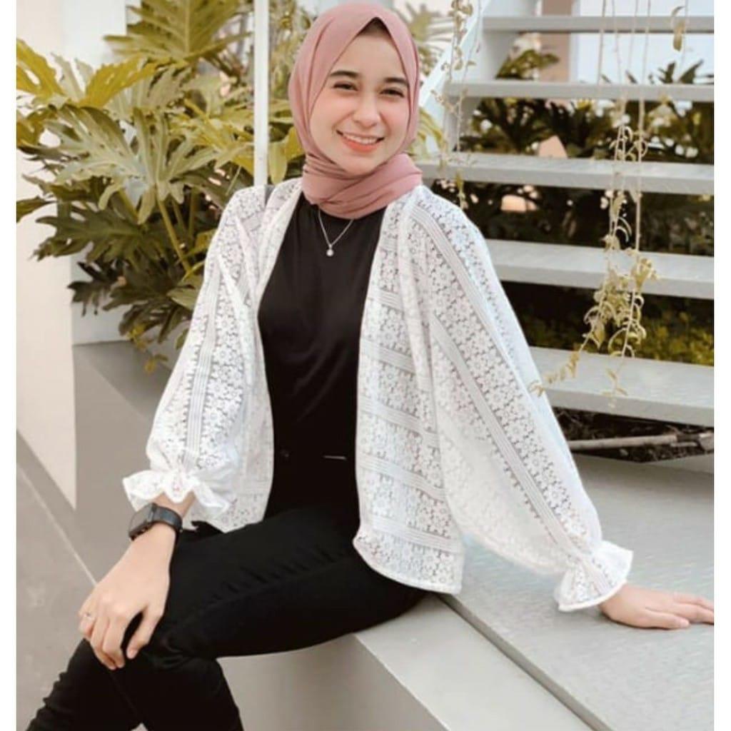 SHIDYA_STORE Cardigan Lace Outer Brokat Pendek Putih Modis Lengan Balon Fashion Wanita Model Terbaru