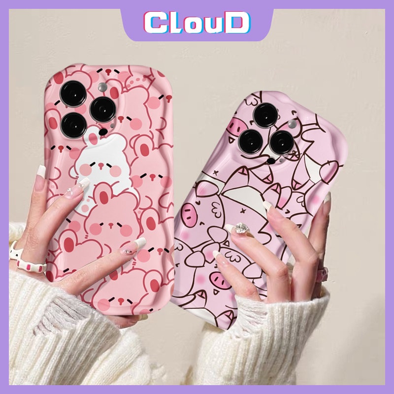 IPHONE Casing Kartun Glossy Tepi Melengkung Bergelombang 3D Kompatibel Untuk Iphone11 14 12 13 Pro Max X 7 6s 8 6 Plus XR XS Max 7Plus SE 2020 Pasangan Kelinci Lucu Babi Indah Lembut Tpu Cover