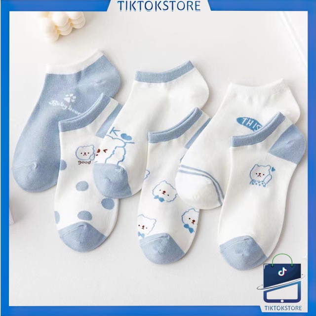 TIKTOK - D2032 Kaos Kaki Pendek Fashion Korea / Kaos Kaki Semata Kaki Blue Bear / Kaos Kaki Wanita Motif Beruang Biru Muda K570