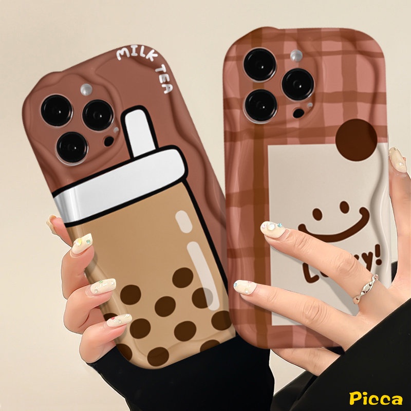 Casing Untuk Oppo A95 A57 A74 A17 A77 A1k A92 A53 A3s A15 A16 A96 A17k A54s A9 A5 A5s A31 A16s A52 A77s A76 A16K A16E Kartun Teh Susu Lucky Lattice Smiley 3D Bergelombang Lengkung Penutup Tepi