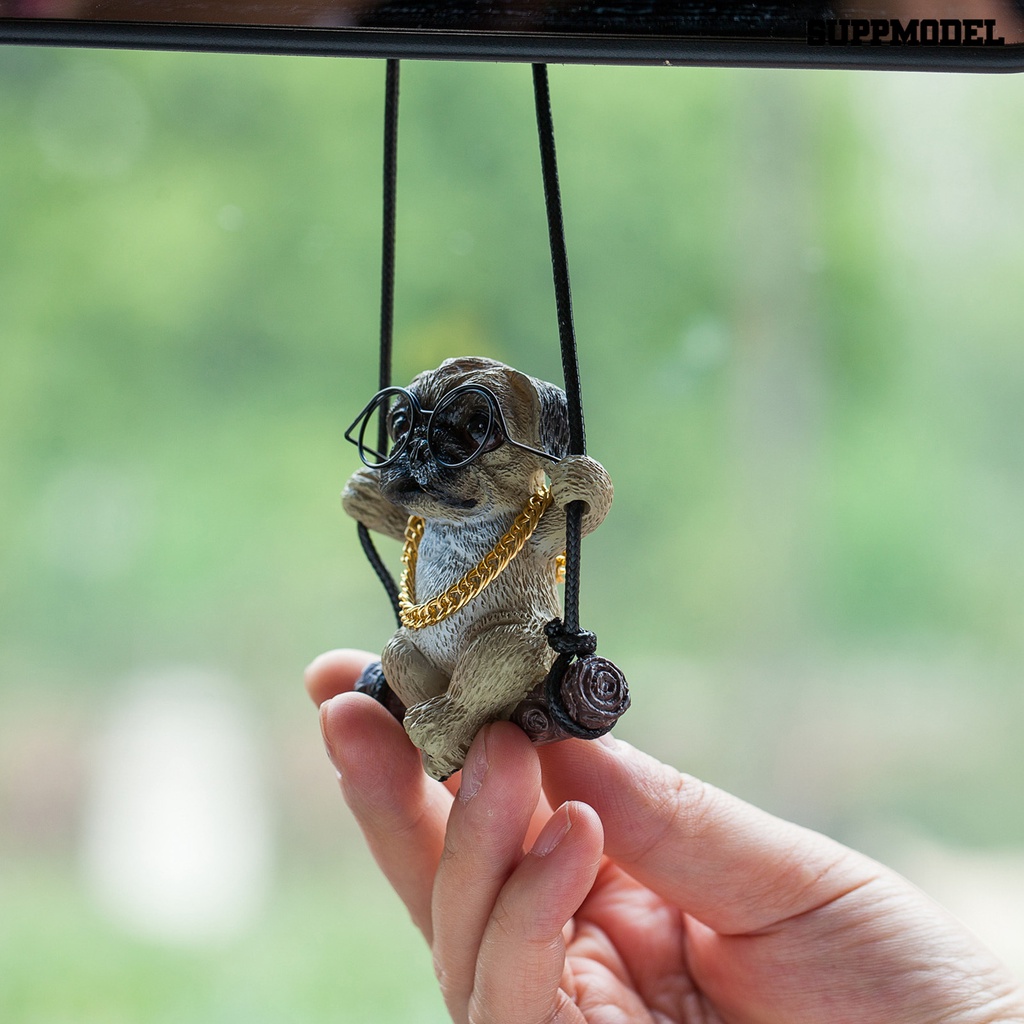 [SM Otomatis] Kaca Spion Dekorasi Keren Berayun Bulldog/Pug Anjing Memakai Kacamata Kerajinan Resin Liontin Mini Ornamen Lucu Auto Spion Gantung Dekorasi Interior Mobil