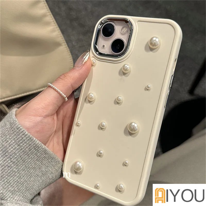 IPHONE Ins Korea Lucu 3D Mutiara Putih Kreatif Telepon Case Untuk Iphone14 13 12 11 Pro Max X XR Plating Lensa Pelindung Soft Cover