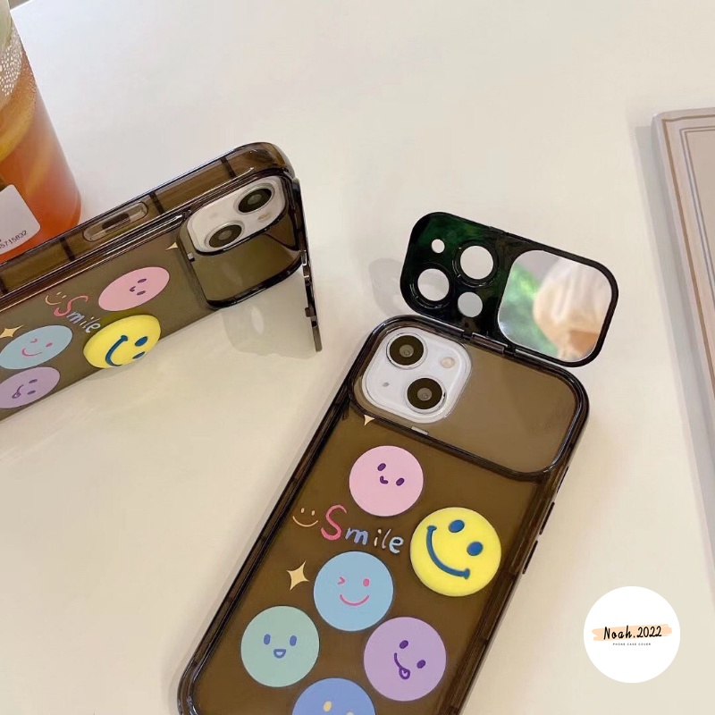 IPHONE Kartun Lucu Smiley Case Dengan Gelang Kompatibel Untuk Iphone11 Pro MAX XR 78 Plus 14 12 13 Pro MAX X XS MAX SE 2020 Kreatif Flip Make Up Cermin Shockproof Soft TPU Case