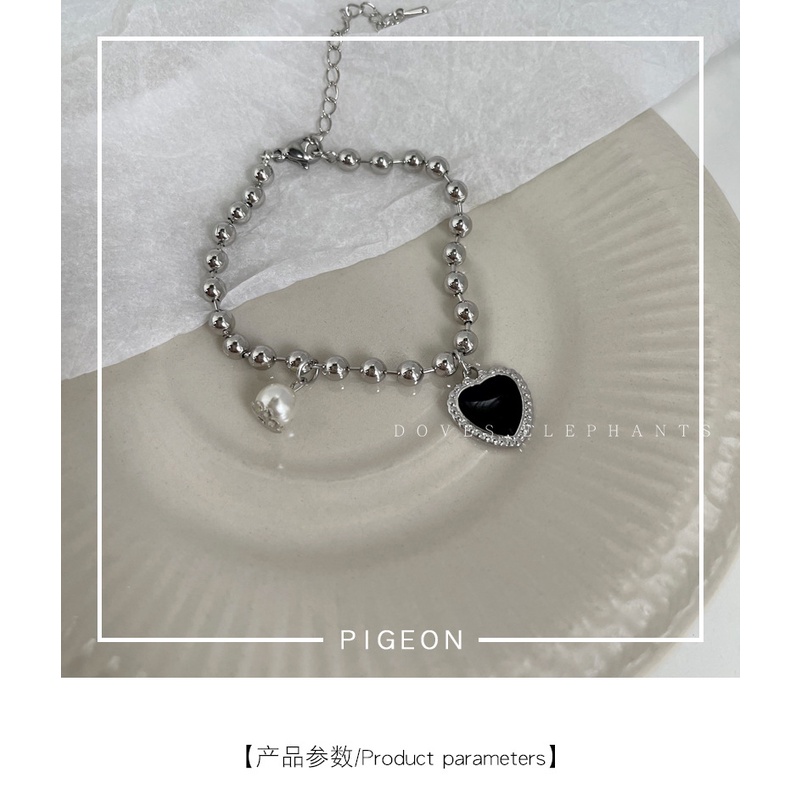 Gelang Logam Mutiara Cinta Hitam Perempuan ins Niche Design Bracelet Ringan Mewah Gaya Keren Manis Keren