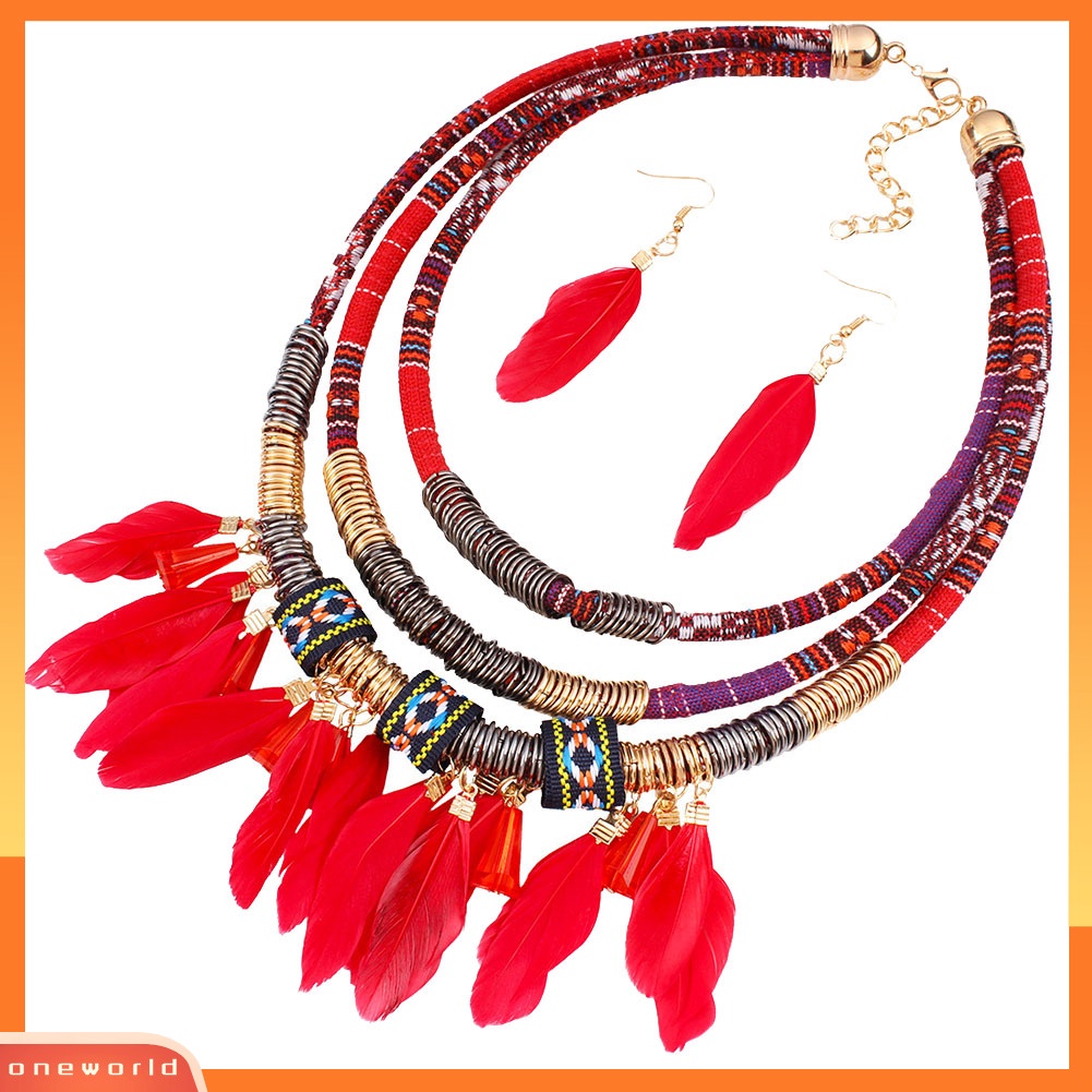 [ONE] 2 Pcs Bulu Rumbai Pesona Multilayer Choker Lady Statement Kalung Anting Set