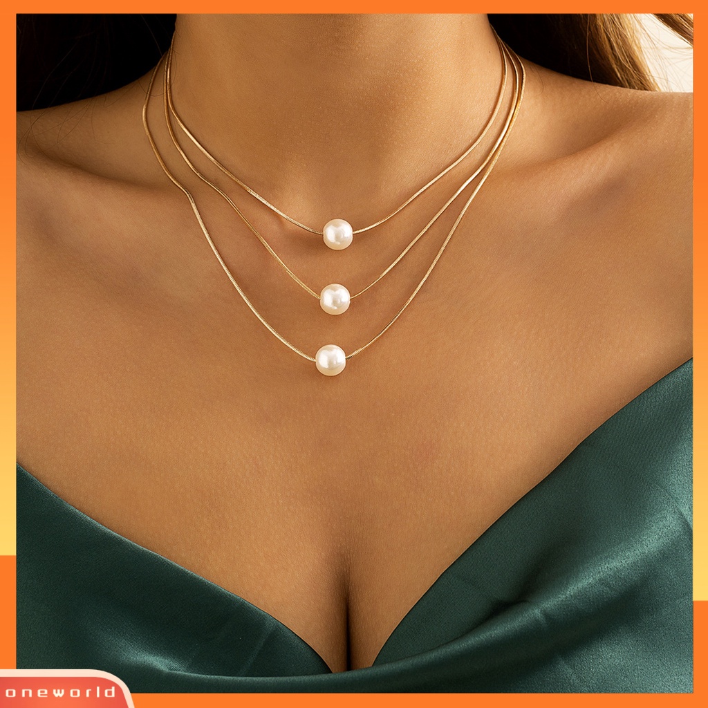 [ONE] 2 Pcs Wanita Kalung Multi-layer Perhiasan Mutiara Imitasi Tahan Lama Cerah Kilau Klavikula Rantai Perhiasan Hadiah