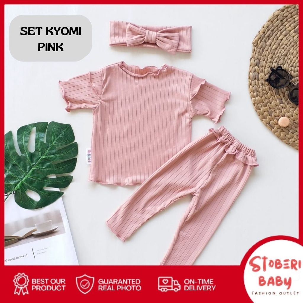 stoberi baby - BBB KYOMI setelan bayi newborn motif bunga polos lucu free headband pita