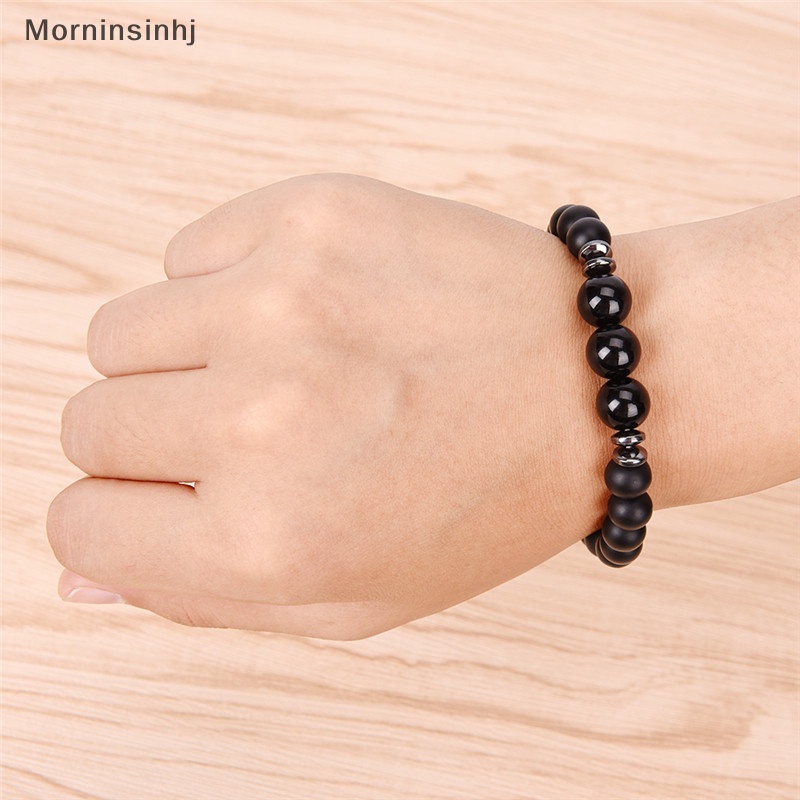 Mornin Fashion Mens Black Tourmaline Matte Agate Stone Protection Yoga Manik-Manik Stretch Gelang id