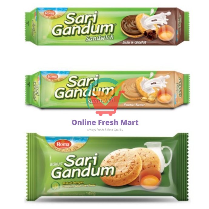 

Roma Sari Gandum Aneka Sandwich Biskuit Susu & Cokelat Peanit - Online Fresh Mart Denpasar