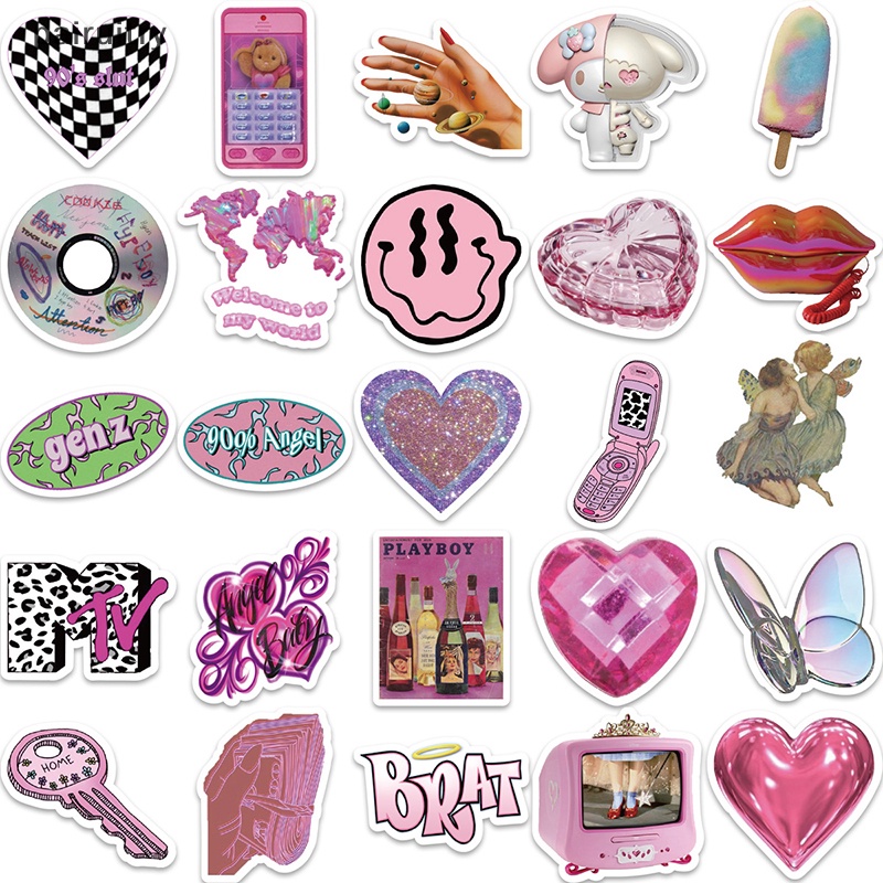 Prt 58Pcs Y2k Pink Stiker Lucu Imut Graffiti Cewek Skateboard Tahan Air Bagasi Sport DIY Laptop Stiker Mobil Decals Mainan Anak PRT
