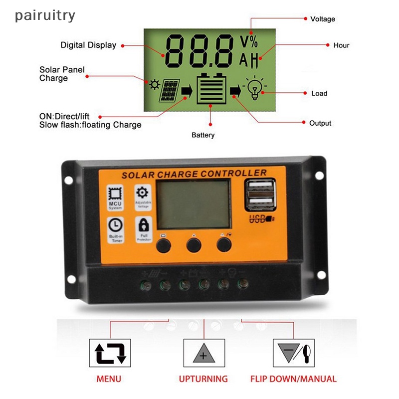 Prt LCD Solar Controller 12V /24V 30A 20A 10A Solar Charge Regulator PWM Charger LCD Display Dual USB 5V 2.5A Output MOS PRT