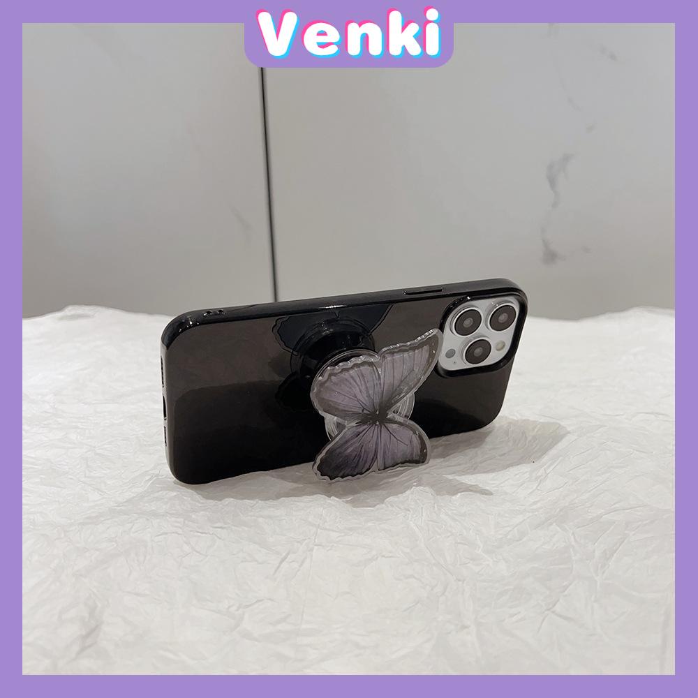 VENKI - Untuk iPhone 14 Pro Max iPhone Case dengan Dudukan Lipat Kupu-kupu Pegangan Bening Hitam Glossy TPU Soft Case Shockproof Kompatibel dengan iPhone 13 Pro max 12 Pro Max 11 xr xs max 7