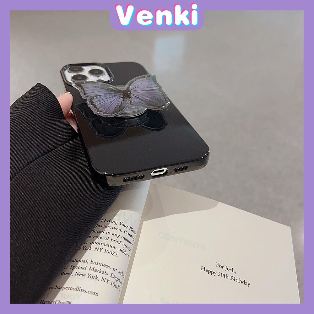 VENKI - Untuk iPhone 14 Pro Max iPhone Case dengan Dudukan Lipat Kupu-kupu Pegangan Bening Hitam Glossy TPU Soft Case Shockproof Kompatibel dengan iPhone 13 Pro max 12 Pro Max 11 xr xs max 7