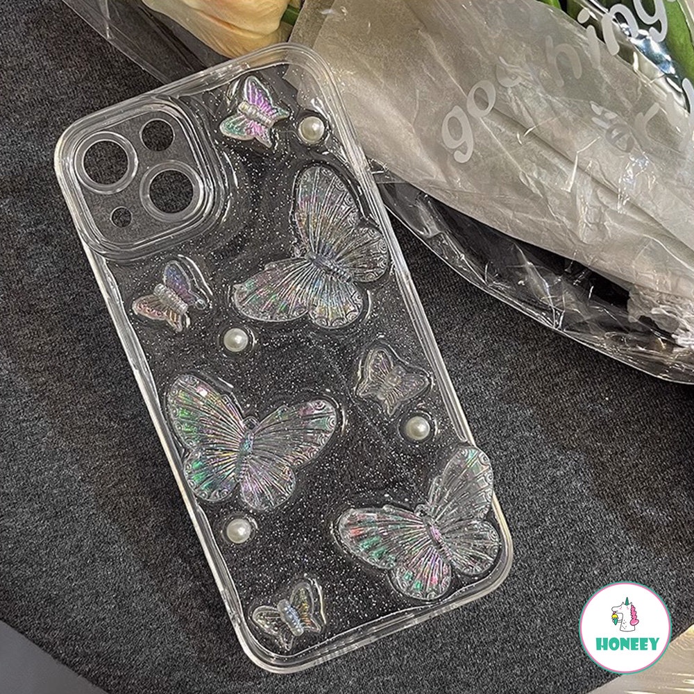 3d Butterfly Glitter Lem Bening Ponsel Case Untuk iPhone 11 Pro Max13 12 14 Pro Max XR X Xs Max7 8 Plus SE Lembut TPU Penutup Belakang