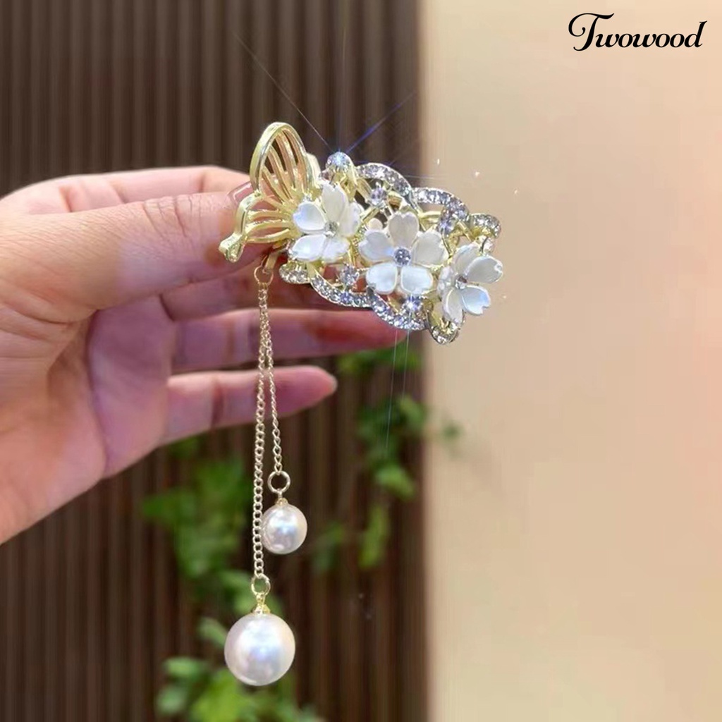 Twowood Ponytail Holder Claw Non-slip Cakar Kuat Bunga Dekorasi Shiny Rhinestone Rumbai Hiasan Rambut Manik-Manik Mawar Cakar Kuat Pegangan Rambut Aksesoris Rambut