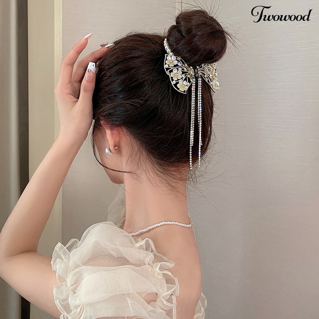 Twowood Faux Pearls Rhinestones Bunga Dekorasi Bakso Rambut Klip Rumbai Sisir Desain Besar Kupu-Kupu Dekorasi Ponytail Hairpin Aksesoris Rambut