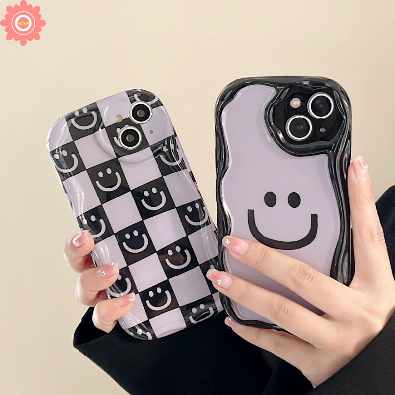 Case Untuk Redmi 10C A1 9T 10 9C 9A 9 10A 9C NFC A2 Redmi Note12 10 11 10s 11s 10Pro 10 Pro Max POCO M3 Senyum Lucu Smiley Kartun Kotak-Kotak 3D Wavy Curved Edge Soft Cover