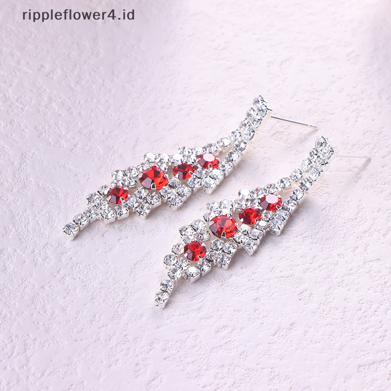 {rippleflower4.id} Set Perhiasan Pengantin Pernikahan Kristal Berlian Imitasi Biru Elegan Untuk Wanita Bentuk V Choker Kalung Anting Set~