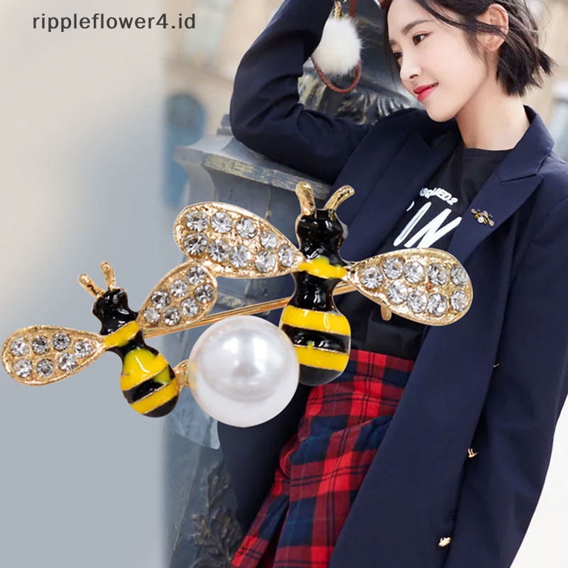 {rippleflower4.id} Fashion Berlian Imitasi Bros Mutiara Lebah Ganda Untuk Wanita Kerah Pakaian Aksesoris Perhiasan Pesta~