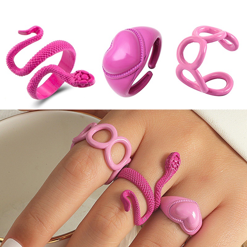 3pcs /Set Ins Fashion Cincin Ular Logam Merah Muda